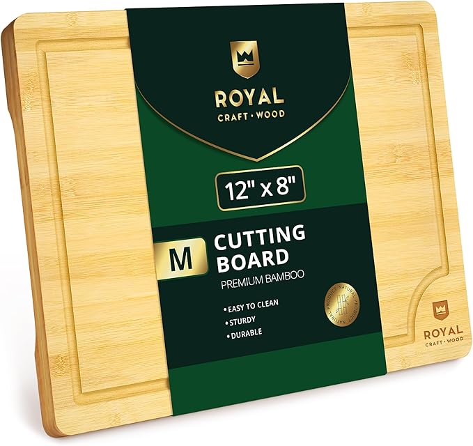 ROYAL CRAFT WOOD Organic Bamboo Cutting Board with Juice Groove - Chopping Board for Meat Butcher Block Cheese and Vegetables, 12x8"