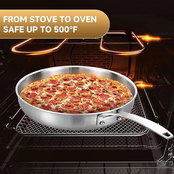 Inqibee 8.5-10-12 Inch Tri-Ply Stainless Steel Frying Pan Set of 3 with a Lid, Skillets, Chef's Pan, Induction Cooking Pans, Dishwasher Safe and Detachable Handle