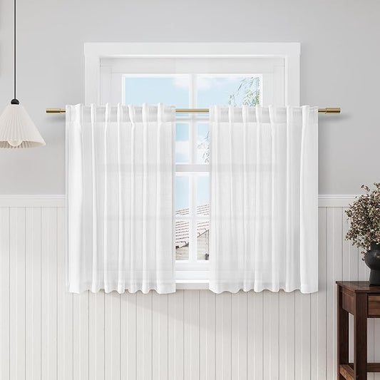 White Kitchen Cafe Curtains 45 Inch Length 2 Panel Set Back Tab Pocket Semi Sheer Light Filtering Short Curtain Natural Farmhosue Small Curtains for Basement Window Bathroom Living Room 52x45