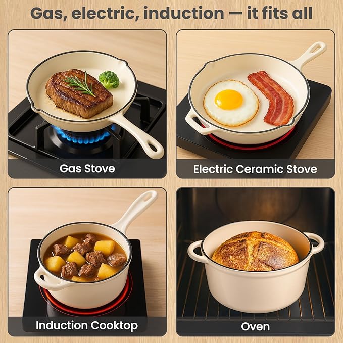 QuliMetal Enameled Cast Iron Cookware Set, 5-Piece Pots and Pans Set with Lids, Skillet, Frying Pan, Saucepan & Dutch Oven for All Stovetops, PFOA Free, Ideal for Sourdough Bread Baking