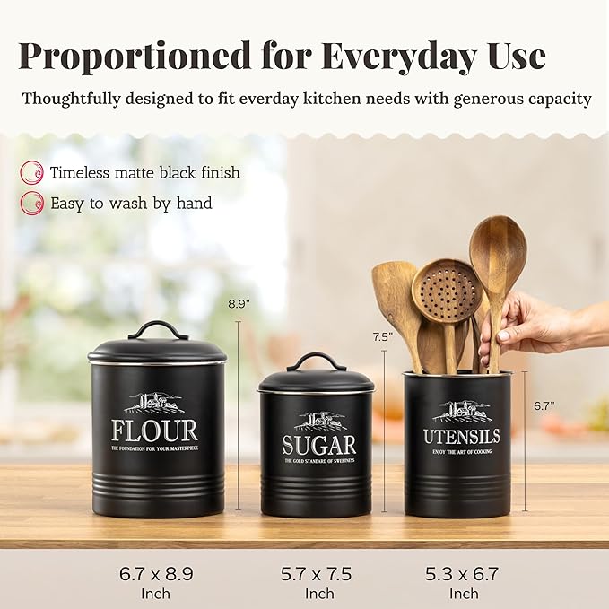 noonberry Kitchen Canisters for Countertop – 3-Piece Airtight Canister Set for the Kitchen Counter with Utensil Holder – Flour Sugar Containers – Matte Black Finish