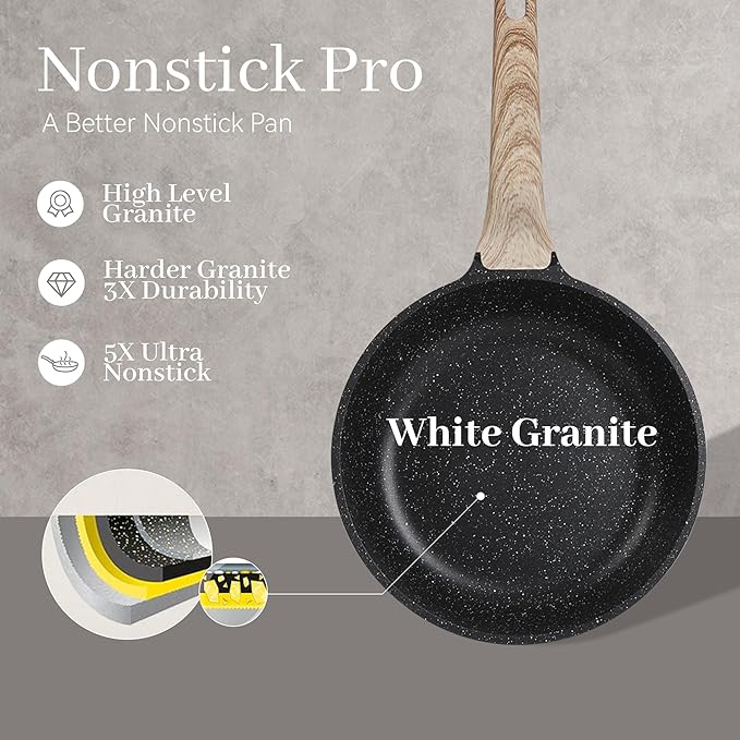 23Pcs Pots and Pans Set Non Stick, Kitchen Cookware Sets, Granite Induction Cookware Non Stick Cooking Set w/Frying Pans, Saucepans, Griddle, EggPan (Black)