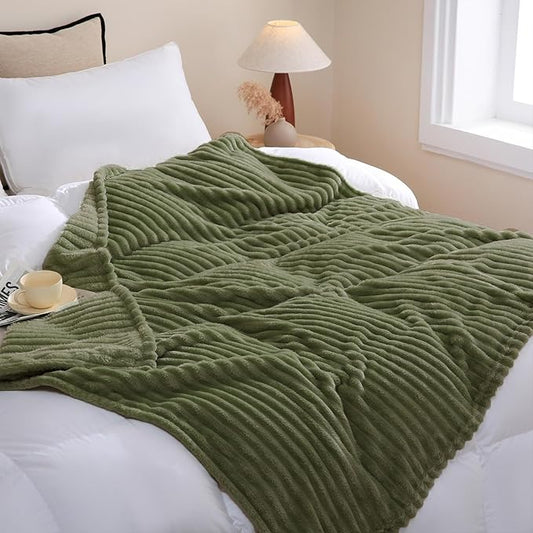 Olive Green Fleece Throw Blanket 108”×90” for Couch Sofa Bed,Super Soft Cozy Plush Microfiber Flannel Blanket with Stripes Design Lightweight for Adults,Woman,Girls