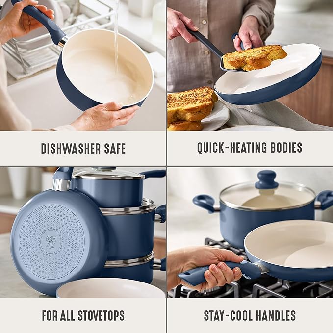 GreenLife 16-Piece Nonstick Cookware Set, Non-Toxic Ceramic Pots and Pans Set, Durable Healthy Kitchen Essentials, Fast Heating, Induction Ready, Easy Clean Dishwasher Safe, PFAS-Free, Slate Blue