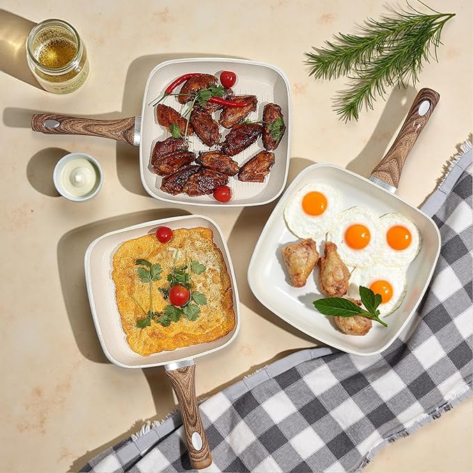 Sweetcrispy Nonstick Grill Pans Set, 3 Piece Square Frying Pan Skillet Set with Stay Cool Handle & PFOA Free, Compatible with All Stovetops (9.5" 10" 11") Beige