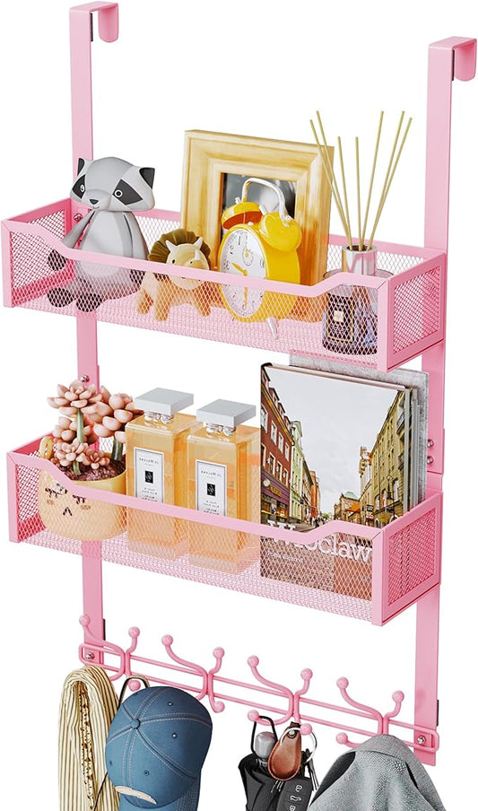 SWTYMIKI Over The Door Hooks Organizer - Multi-Functional Door Hanger with 16 Hooks & 2 Mesh Baskets, Long Coat Rack for Bathroom, Bedroom, Living Room, Home Storage Organizer, Pink
