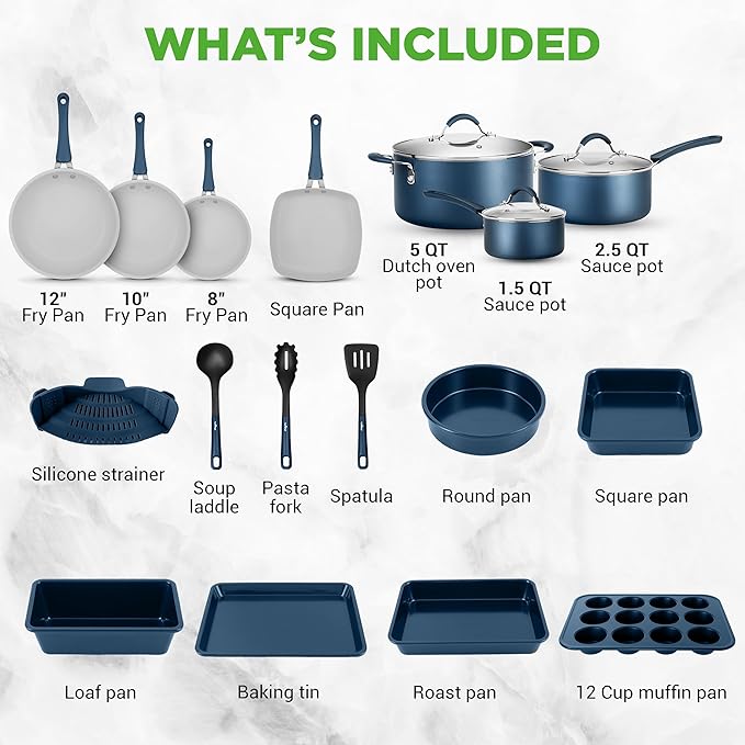 NutriChef Professional 20 Pc Pots and Pans Set Non Stick in Navy Blue - Includes Bakeware & Utensils, Induction Ready, Easy Clean