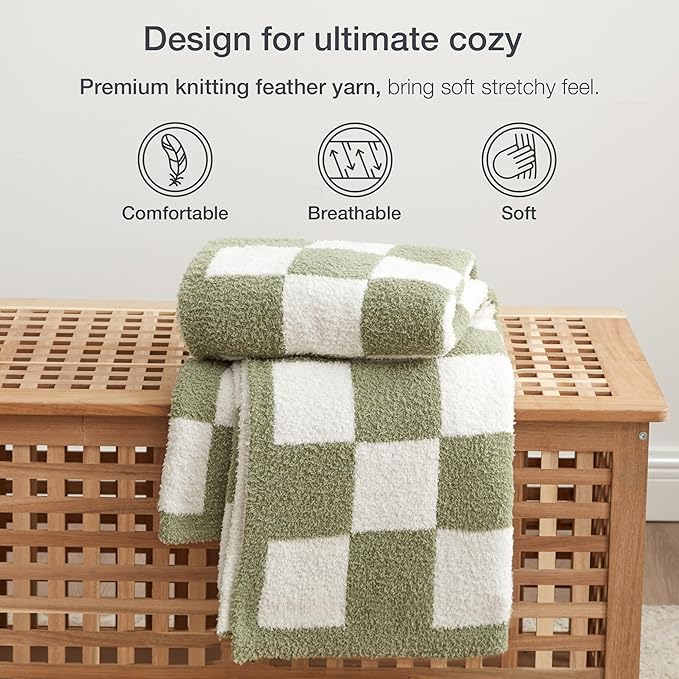 EXQ Home Checkered Throw Blanket, Knitted Blanket with Checkerboard Grid Pattern, Soft Cozy Fluffy Blankets for Couch Bed Sofa, Warm Fuzzy Plaid Blanket for All Seasons (Sage Green, 50"×60")