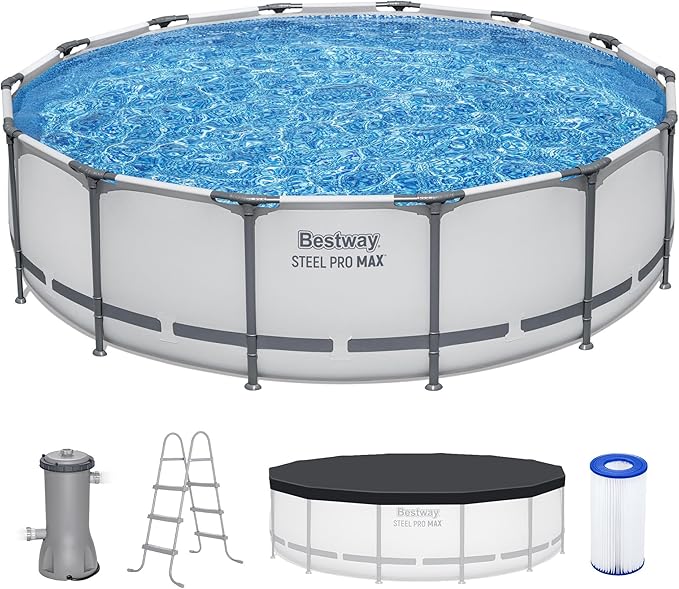 Bestway Steel Pro MAX 14フィート x 42インチ 地上設置型プール、丸型金属フレーム屋外スイミングプールセット（フィルターポンプ、はしご、カバー付き）、グレー
