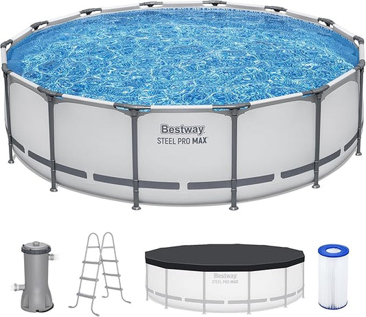 Bestway Steel Pro MAX 14フィート x 42インチ 地上設置型プール、丸型金属フレーム屋外スイミングプールセット（フィルターポンプ、はしご、カバー付き）、グレー