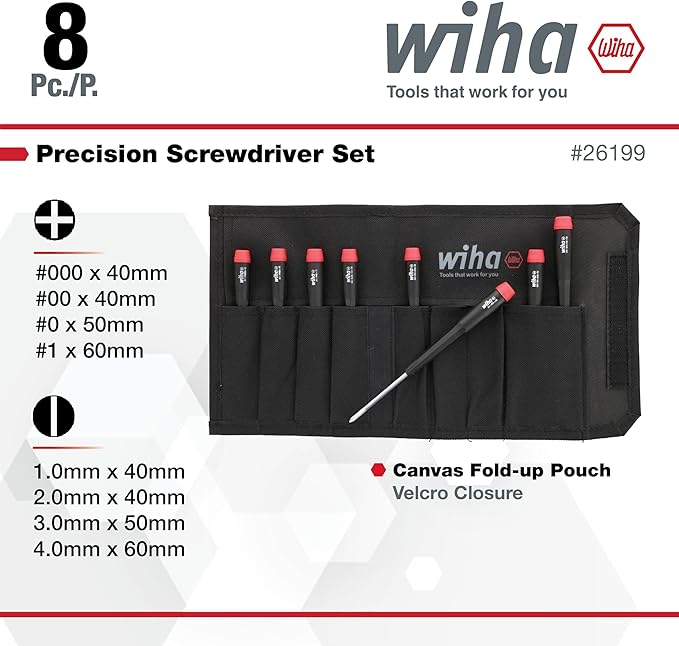 Wiha 26199 Slotted and Phillips Screwdriver Set in Rugged Canvas Pouch, 8 Piece