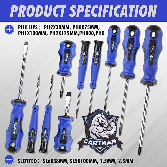CARTMAN 10-Piece Magnetic Screwdriver Set 6 Phillips and 4 Flat, Professional Cushion Grip Hand Tools Set