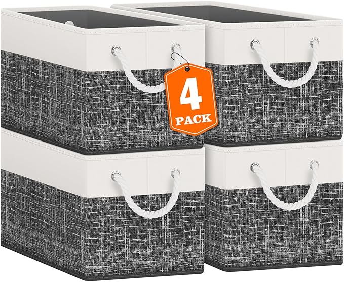 Fab totes Storage Bins [38-Pack], Foldable Storage Baskets for Organizing Toys, Books, Shelves, Closet, Large Storage Box with Rope Handles, Sturdy Organizer Bins, White & Black