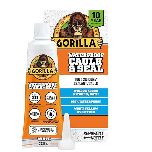 Gorilla 100% Silicone Caulk, Waterproof Sealant, 2.8oz Squeeze Tube (Pack of 1) – White -10 Year Mold Resistant Kitchen, Window, Bath, Marine, Door and More
