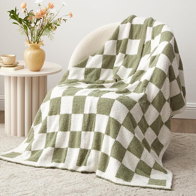 EXQ Home Checkered Throw Blanket, Knitted Blanket with Checkerboard Grid Pattern, Soft Cozy Fluffy Blankets for Couch Bed Sofa, Warm Fuzzy Plaid Blanket for All Seasons (Sage Green, 50"×60")