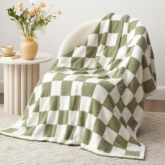 EXQ Home Checkered Throw Blanket, Knitted Blanket with Checkerboard Grid Pattern, Soft Cozy Fluffy Blankets for Couch Bed Sofa, Warm Fuzzy Plaid Blanket for All Seasons (Sage Green, 50"×60")