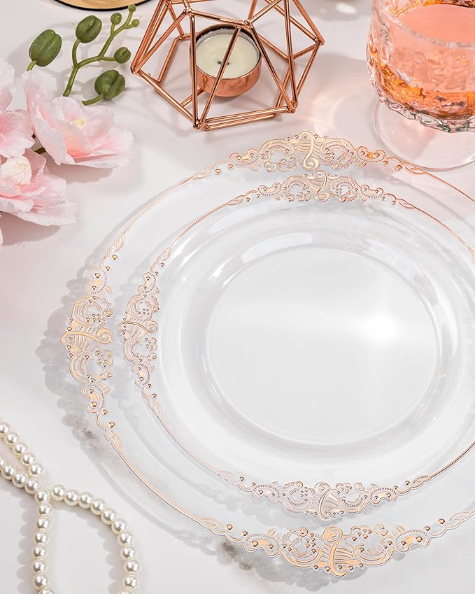 Nervure 350PCS Rose Gold Plastic Plates - Rose Gold Plastic Dinnerware Sets for 50 Guests - 100 Disposable Plates, 150 Silverware, 50 Cups, 50 Napkins Perfect for Wedding & Party & Mothers Day
