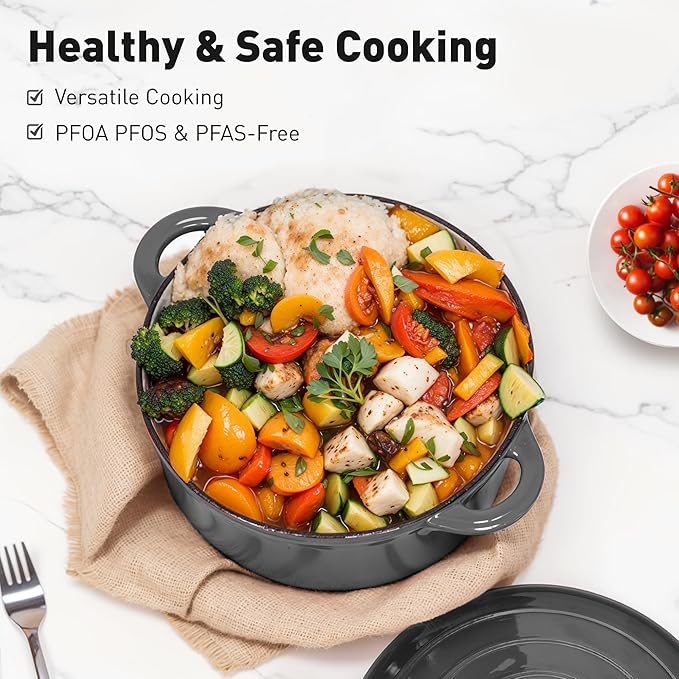 MAISON ARTS 7 Piece Enameled Cast Iron Cookware Set, Induciton Dutch Oven Pot with Lid, Grey Non Toxic Pots and Pans set, PFOA-PFOS Free