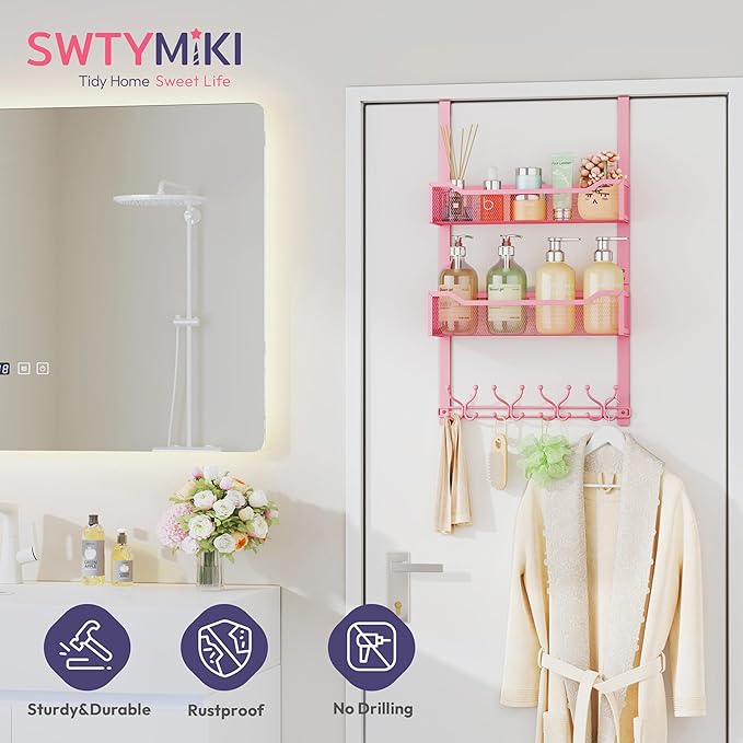 SWTYMIKI Over The Door Hooks Organizer - Multi-Functional Door Hanger with 16 Hooks & 2 Mesh Baskets, Long Coat Rack for Bathroom, Bedroom, Living Room, Home Storage Organizer, Pink