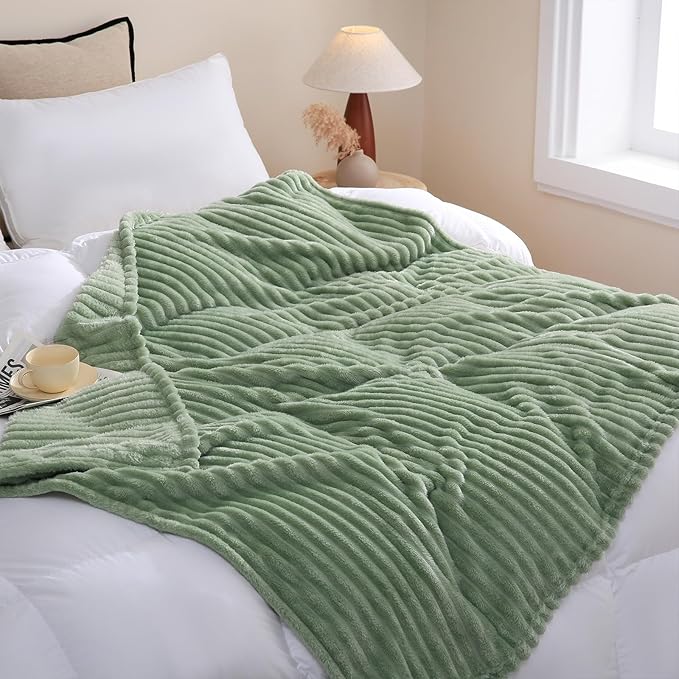 Sage Green Fleece Throw Blanket 60”×80” for Couch Sofa Bed,Super Soft Cozy Plush Microfiber Flannel Blanket with Stripes Design Lightweight for Adults,Woman,Girls