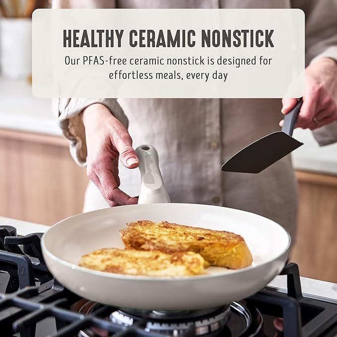 GreenLife 16-Piece Nonstick Cookware Set, Non-Toxic Ceramic Pots and Pans Set, Durable Healthy Kitchen Essentials, Fast Heating, Induction Ready, Easy Clean Dishwasher Safe, PFAS-Free, Light Gray