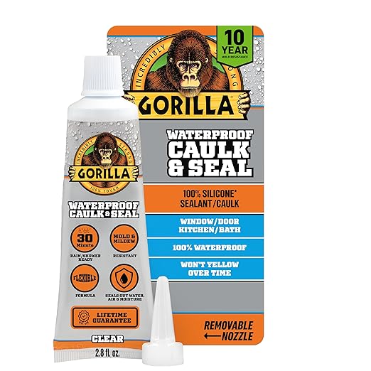 Gorilla 100% Silicone Caulk, Waterproof Sealant, 2.8oz Squeeze Tube (Pack of 1) – Clear -10 Year Mold Resistant Kitchen, Window, Bath, Marine, Door and More