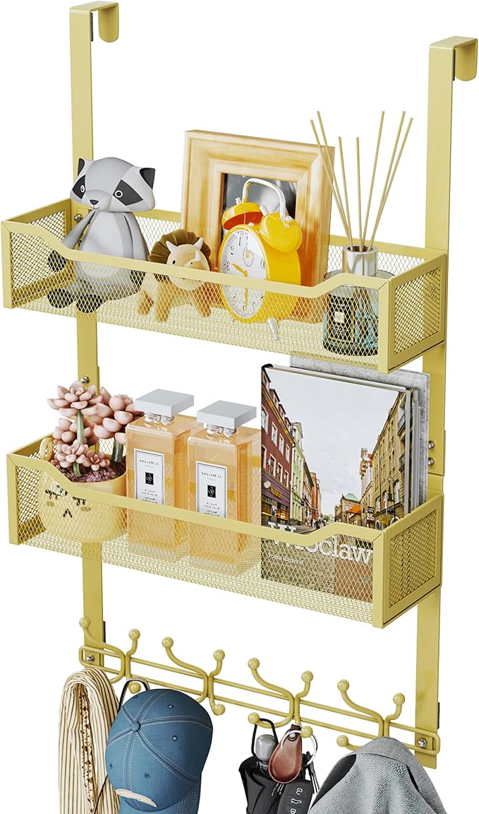 SWTYMIKI Over The Door Hooks Organizer - Multi-Functional Door Hanger with 16 Hooks & 2 Mesh Baskets, Long Coat Rack for Bathroom, Bedroom, Living Room, Home Storage Organizer, Gold
