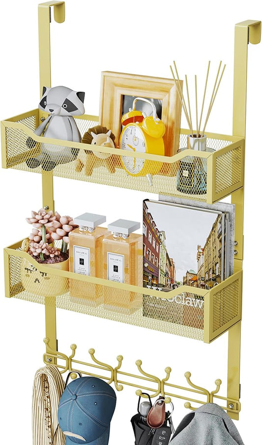 SWTYMIKI Over The Door Hooks Organizer - Multi-Functional Door Hanger with 16 Hooks & 2 Mesh Baskets, Long Coat Rack for Bathroom, Bedroom, Living Room, Home Storage Organizer, Gold