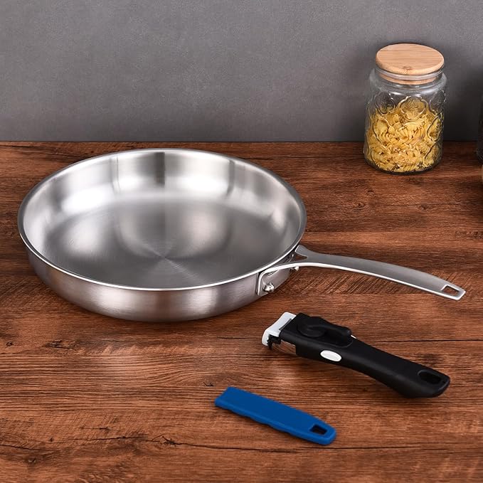 Inqibee 8.5-10-12 Inch Tri-Ply Stainless Steel Frying Pan Set of 3 with a Lid, Skillets, Chef's Pan, Induction Cooking Pans, Dishwasher Safe and Detachable Handle