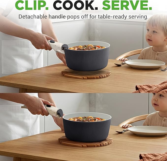 NutriChef 18-Piece Ceramic Cookware Set with Detachable Handles, Non Stick Pots and Pans, PTFE-Free Natural Ceramic Coating, Space-Saving Design, Oven & Stove Safe, Includes Utensils