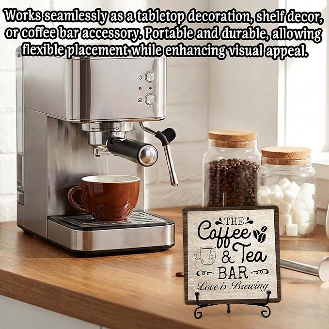 Coffee Bar Sign, Love is Brewing Farmhouse Tabletop Decor, Coffee and Tea Lover Gifts, 5x5 Wood Plaque with Iron Stand for Home Kitchen Cafe, Coffee Bar Decor – L10