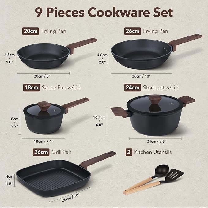 9Pcs Pots and Pans Set Nonstick,Induction Cookware Set Kitchen Cooking Sets,Healthy Non-Toxic Pots and Pan set,Non Stick with Grill Pan& Stay-Cool Handles (PFOS, PFOA Free),Black