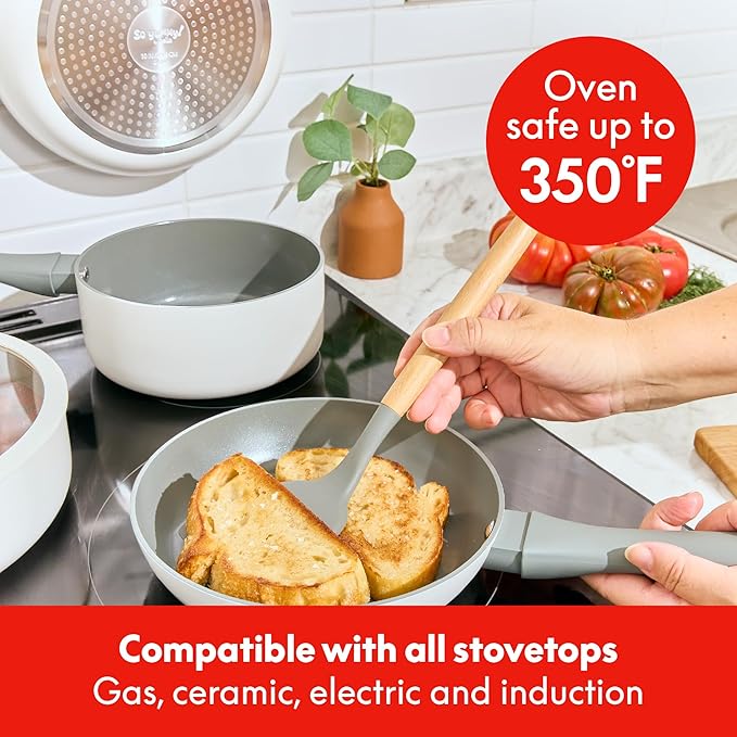 So Yummy by bella 12 Piece Cookware Set w EverGood™ Ceramic Nonstick Coating and Silicone & Wood Utensils, Dishwasher Safe Silicone & Glass Lids, Oven Safe & All Stovetop Compatible, Frost, So Yummy