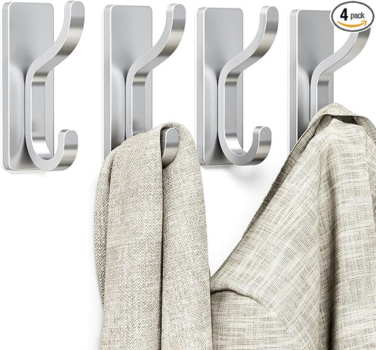 niffgaff Wall Hooks for Coat and Towel: 13lb Adhesive Door Hanger Stick On, Sticky Hook for Wall, Closet, Bathroom - Silver, 4 Pack