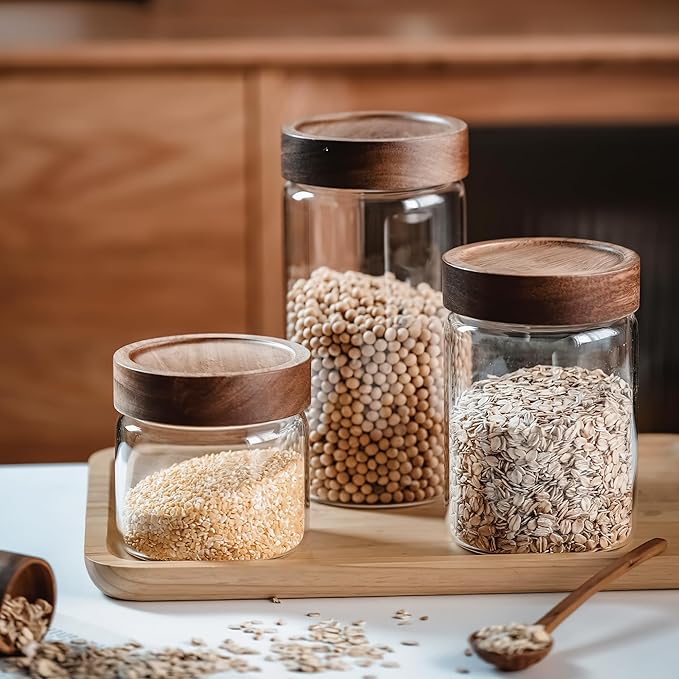 3 Pack 50 fl oz/1500 ml Clear Glass Storage Canister with Airtight Wooden Screw On Lid, Large Tall Decorative Glass Container Jar Set for Coffee, Nut, Tea, Candy, Cookie, Cereal, Sugar, Flour