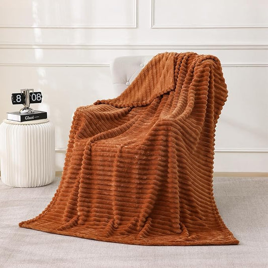 Burnt Orange Fleece Throw Blanket 50”×60” for Couch Sofa Bed,Super Soft Cozy Plush Microfiber Flannel Blanket with Stripes Design Lightweight for Adults,Woman,Girls