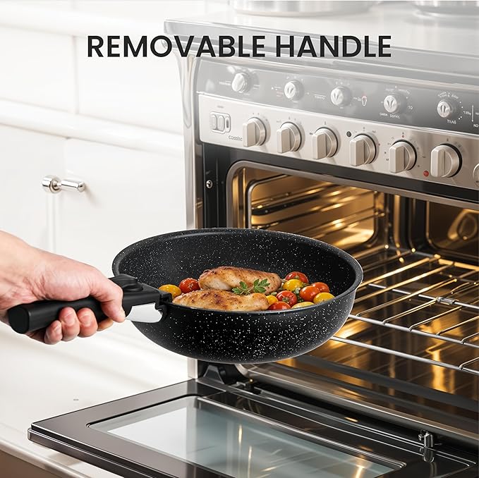 Simple Deluxe 12 Pcs Cookware Set, Non-Stick Pots and Pans Set, with Black Granite Texture and Detachable Handles, Resistant to High Temperatures, Oven Safe, PFAS and PFOA Free, Black