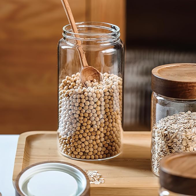 3 Pack 50 fl oz/1500 ml Clear Glass Storage Canister with Airtight Wooden Screw On Lid, Large Tall Decorative Glass Container Jar Set for Coffee, Nut, Tea, Candy, Cookie, Cereal, Sugar, Flour
