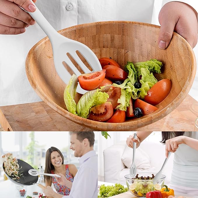 Silicone Spoon, Nonstick Kitchen Silicone Slotted Solid Spoons for Cooking Dishwasher Safe for Nonstick Cookware, Heat Resistant Grey Silicone Serving Spoon BPA Free for Mixing Stirring