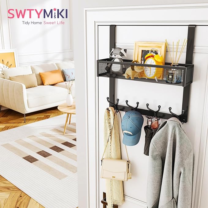 SWTYMIKI Over The Door Hook with 16 Hooks & Mesh Baskets - Heavy Duty Over The Door Organizer Hanger for Towels, Coats, Clothes - Space Saving Hanging Rack for Bathroom, Living Room, Black