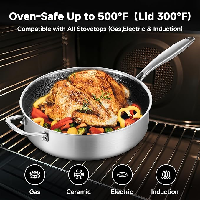 LOLYKITCH 6 QT Tri-Ply Stainless Steel Non Stick Sauté Pan with Lid and 8-10 Inch Frying Pan,Induction Hybrid Cookware Set, Oven Safe and Detachable Handle