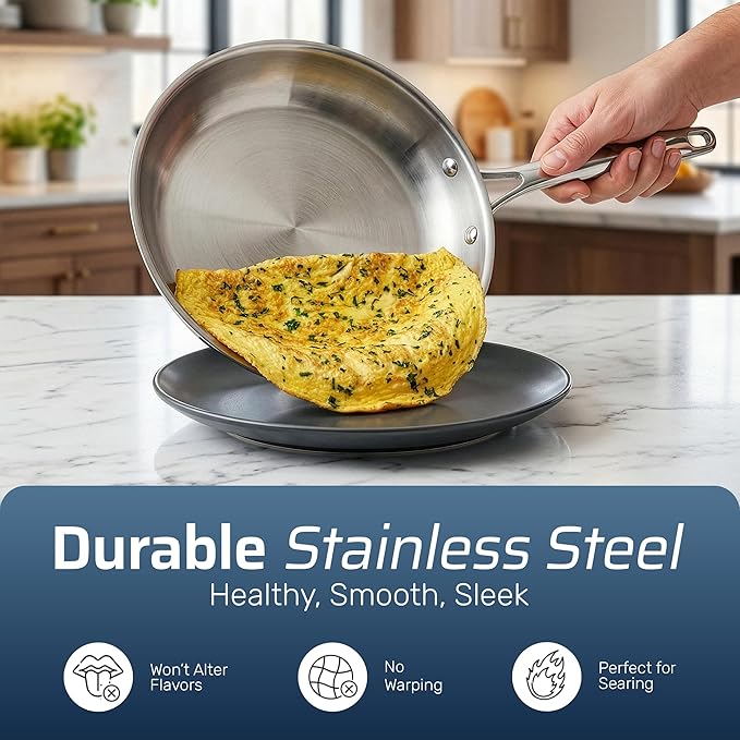 Gotham Steel 10 Pcs Tri Ply Stainless Steel Cookware Set, Pots and Pans Set with Induction Bottom, Made Without PTFE PFOA PFOS, Metal Utensil Safe, Oven and Dishwasher Safe