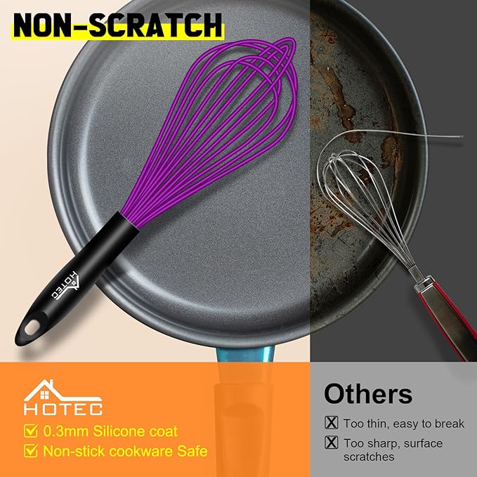 HOTEC 4 Pieces Silicone Whisks for Cooking, Wire Balloon Whisks Egg Beater, Non-Slip Handle Whisk for Non-Stick Cookware Perfect for Stirring, Beating and Blending, Stainless Steel, Purple