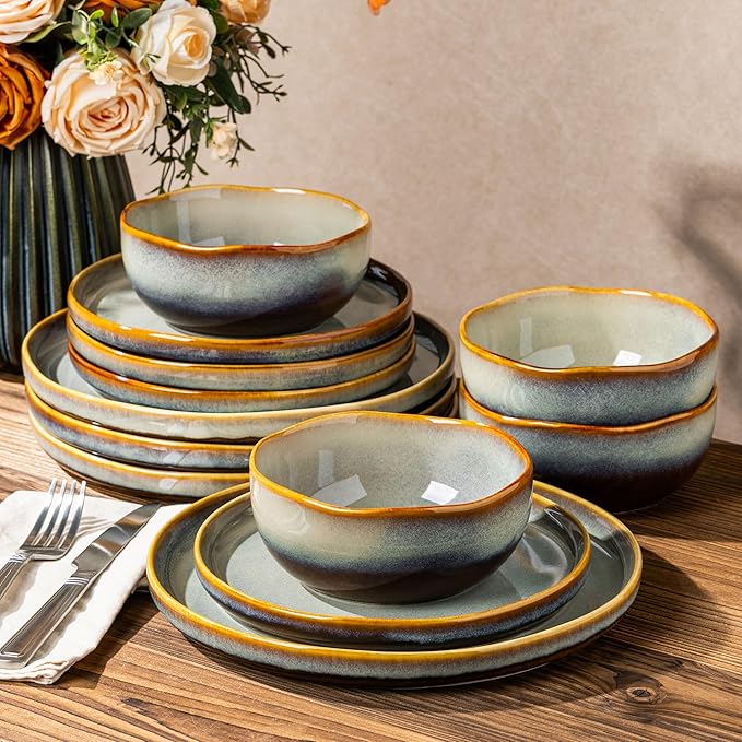 TheTerra Ceramic Dinnerware Sets for 4, 12 Pieces Handmade Reactive Glaze Plates and Bowls Sets, Scratch Resistant Dish Set, Oven & Microwave & Dishwasher Safe, Brown Blue