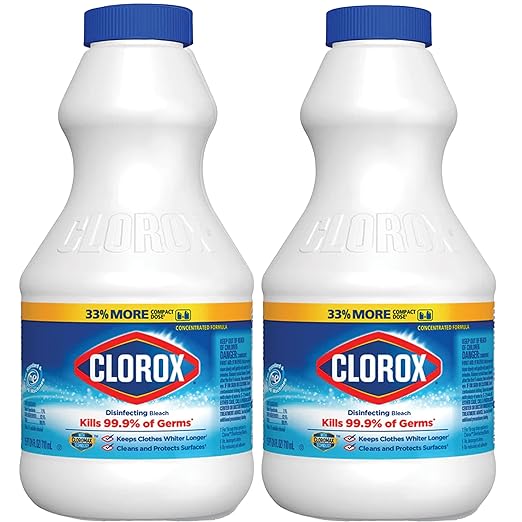 Clorox Regular Disinfecting Bleach Cleaner, 2 Pack Concentrated Liquid Bleach, Removes Mold, Mildew and Stains, Whitens, for Multi Purpose Cleaning and Laundry, 24 oz Bottles