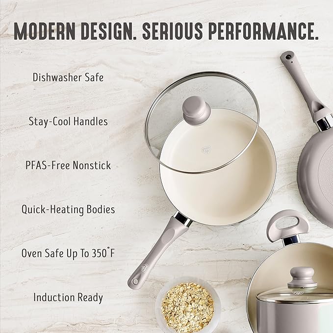 GreenLife 16-Piece Nonstick Cookware Set, Non-Toxic Ceramic Pots and Pans Set, Durable Healthy Kitchen Essentials, Fast Heating, Induction Ready, Easy Clean Dishwasher Safe, PFAS-Free, Light Gray