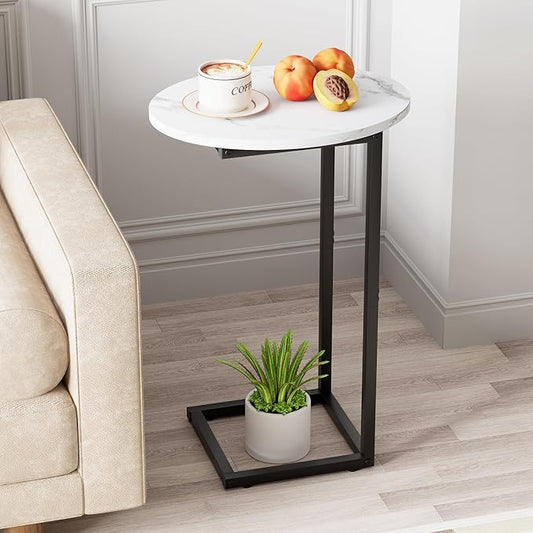 C Shaped End Side Table, Small Oval Couch Sofa Table for Bed, Snack Side Table with Metal Frame, TV Tray Table with White Marble for Small Space, Living Room, Bedroom, Bedside, Black