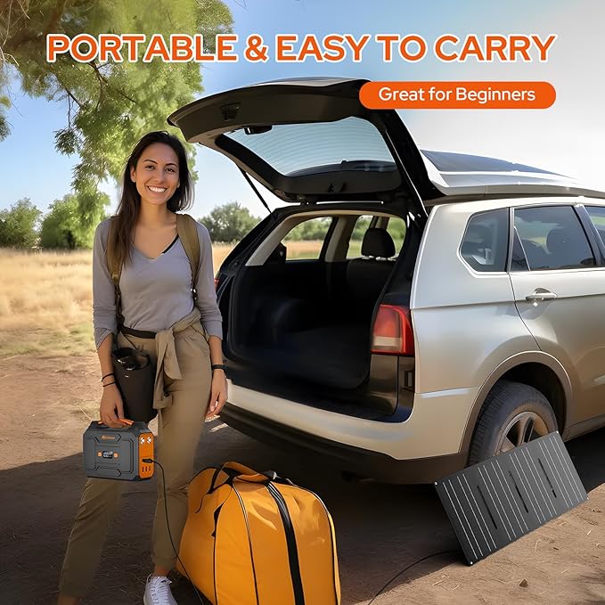 Portable Solar Generator with Panel, 300W Portable Power Station with Foldable Solar Panel 40W, 110V AC Outlet 100W Camping Solar Power Bank Lithium Battery Pack for Home Use RV Outdoor Power Outage