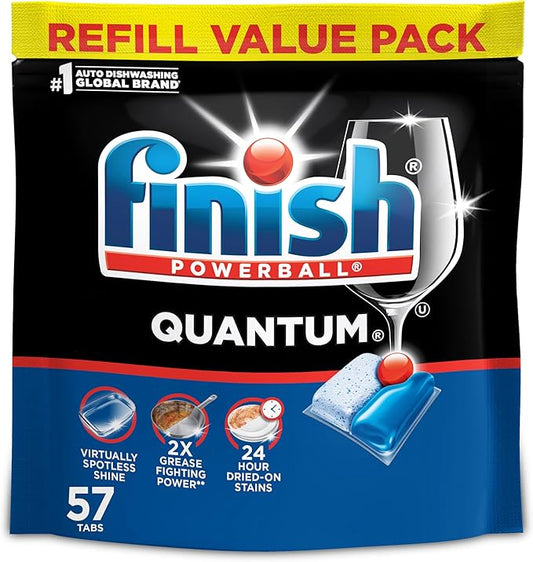 Finish Quantum Dishwasher Pods, No Pre-Rinse Dishwasher Detergent Soap Removes 24HR Dried-On Stain and Grease, Leaving a Virtually Spotless Shine, 57 Count