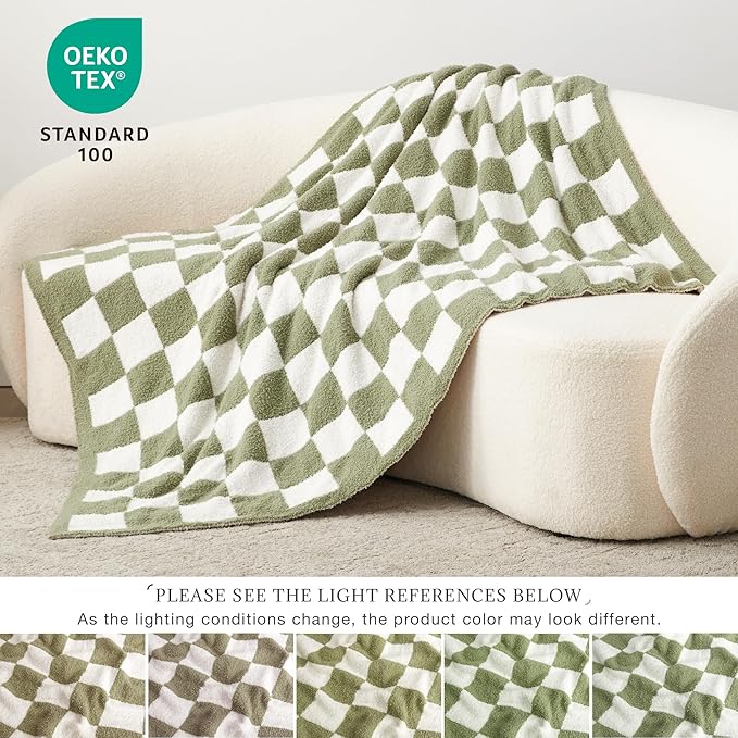EXQ Home Checkered Throw Blanket, Knitted Blanket with Checkerboard Grid Pattern, Soft Cozy Fluffy Blankets for Couch Bed Sofa, Warm Fuzzy Plaid Blanket for All Seasons (Sage Green, 50"×60")